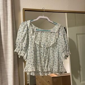 Down Short Sleeve Ruffle Floral Blouse
